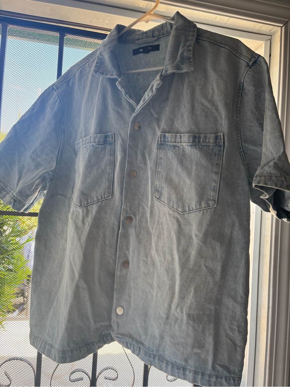 Fashion Nova Light Grey Short-Sleeve Button-Up Denim Shirt